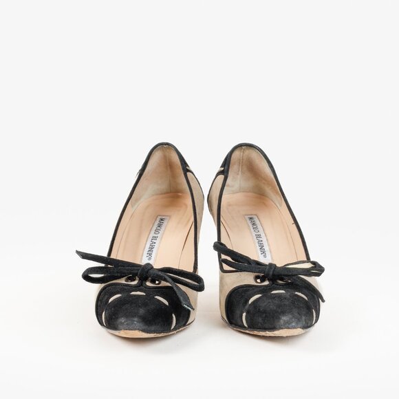 Manolo Blahnik Beige and Black Suede Bow Accent Pumps - Picture 2 of 10